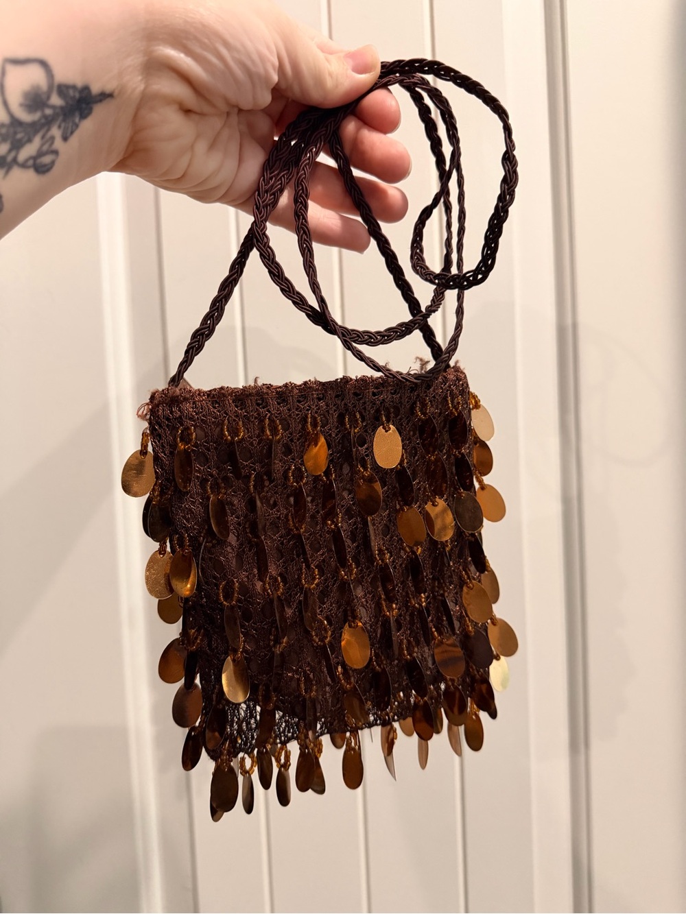 Brown Sequin Crochet Mini Crossbody Bag